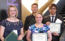 2013 Finalists: Kelsey E. Brooks, Chang Liu, Genna R. Stodden, and Theodore Wing. Not pictured: Kalyne Bertolin and Ahmed Z. Balboula.